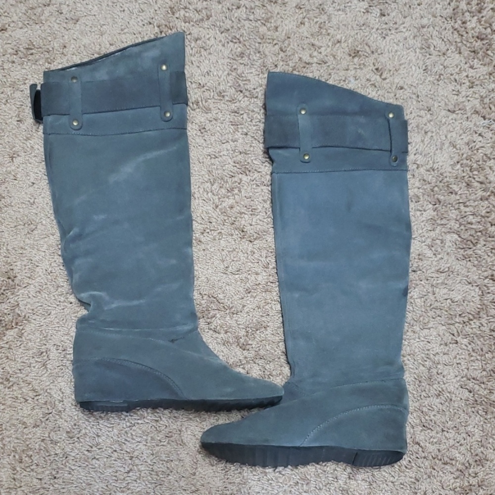 Gray suede flat high boots